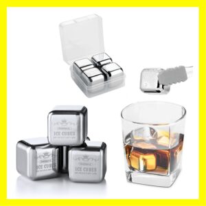 Set of 4 Reusable Square Stainless Steel Whiskey Stone in Case